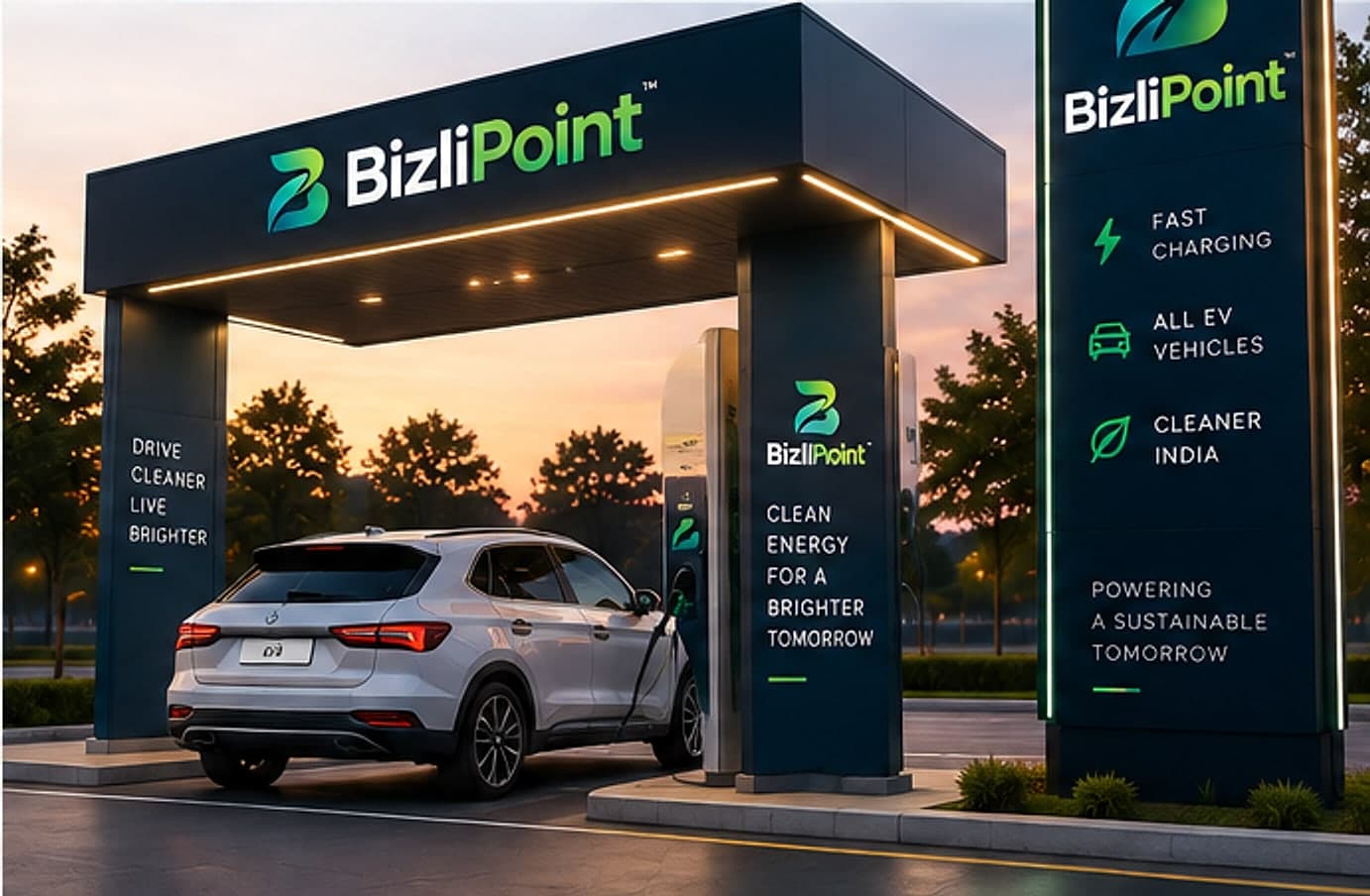 A BizliPoint EV charging station canopy with a car connected to a charge point at dusk